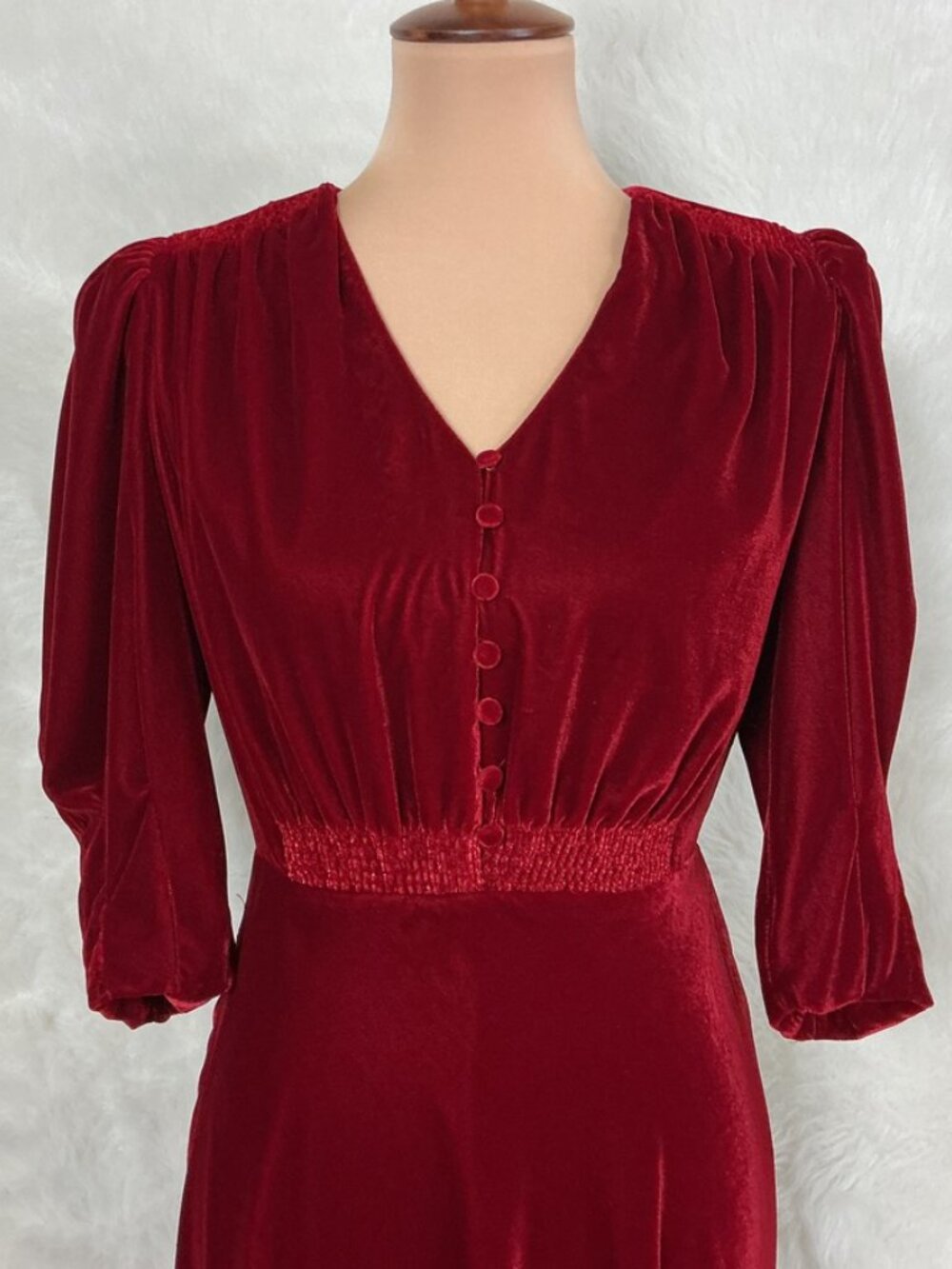 Lauren Ralph Lauren Red Velvet Smocked Shoulder Puff Bubble Half Sleeve Dress 0 - Picture 2 of 9